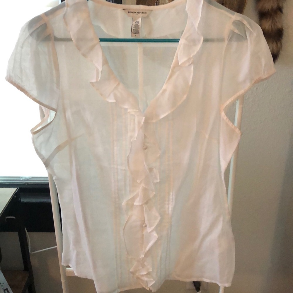 White button down ruffle detail blouse